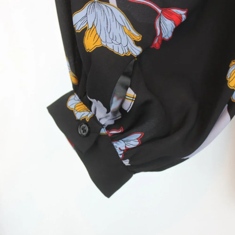 Who What Wear Large Black Floral Sheer Button Down Long Sleeve Blouse - Picture 5 of 12